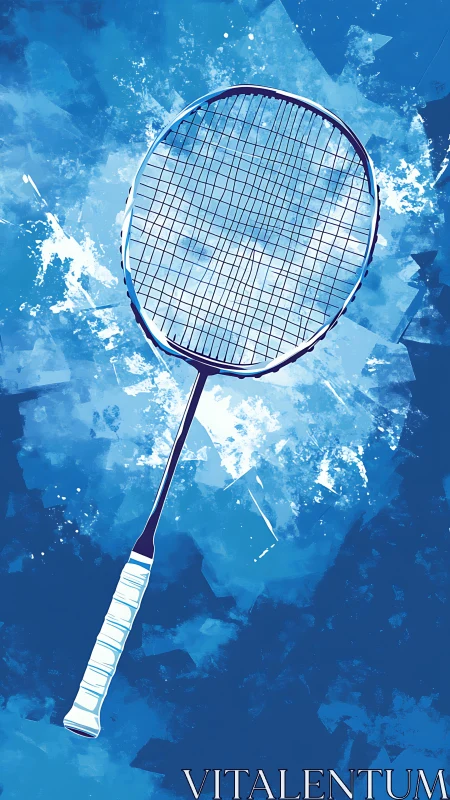 Bold badminton racket floats against splashed blue sky