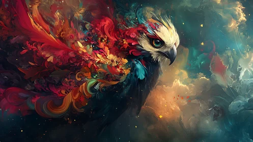 Majestic Fantasy Bird in Vivid Abstract Colors, Digital Art Style.