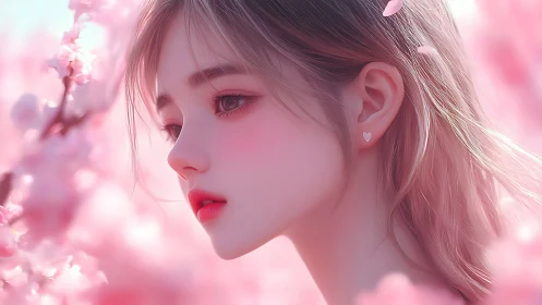 Side profile of young woman amid soft pink blossoms.