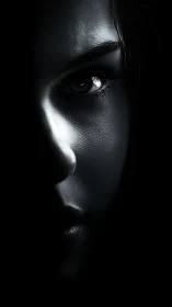 Luminous half-lit eye emerging from deep shadowed darkness.