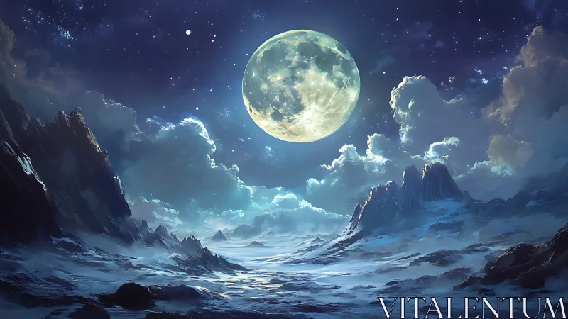 Moonlit frozen valley under vast luminous night sky