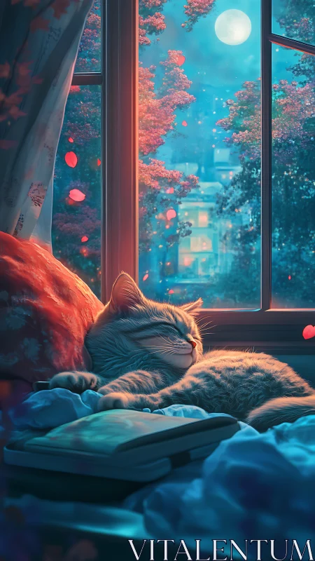 Cat sleeping by window under moonlight with glowing flowers.