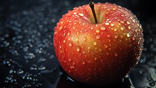 Glistening red apple rests in cool droplets of fresh water
