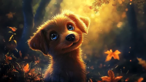 Backlit autumn puppy portrait uses soft bokeh and warm rim light