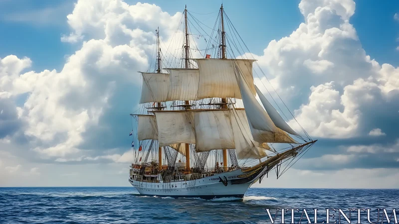 Tall-masted sailing ship under full rig on open seascape.