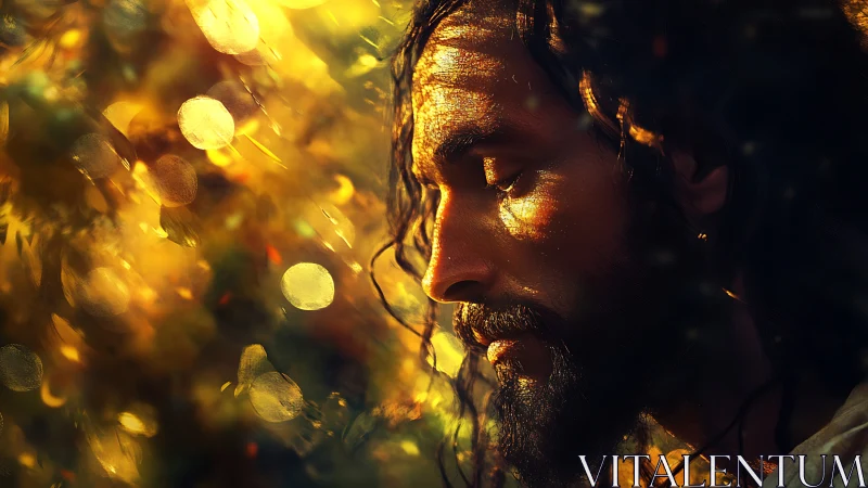 Contemplative bearded man bathed in warm golden sunlight