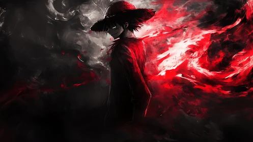 Shadowed wanderer wrapped in swirling red firelight.