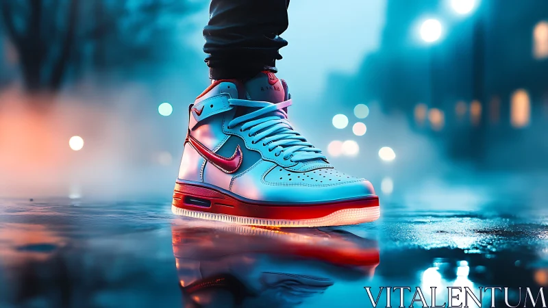 Neon-lit street sneakers glowing softly in a misty night.