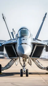 Modern twin‑engine jet fighter parked on airfield tarmac.