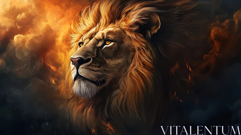 Ember-Crowned Lion King gazing through smoldering clouds.