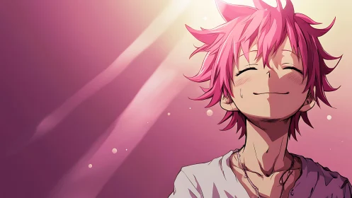 Smiling pink haired anime teen enjoys warm glowing sunlight