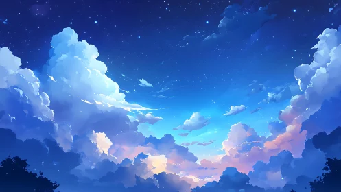 Digital painting of luminous twilight cumulonimbus skyscape.