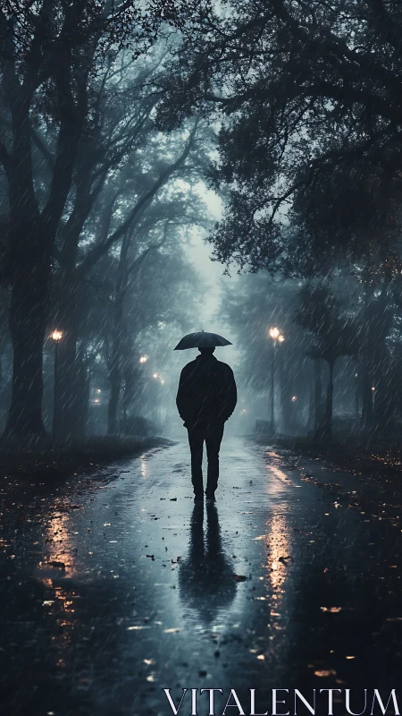 Solitary figure with umbrella on wet park road at night.