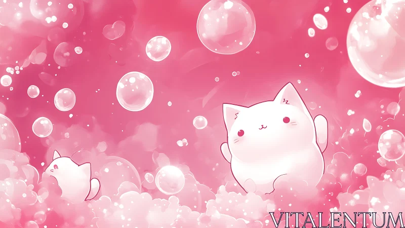 Whimsical Cats Float Among Bubbles in Pink Dreamscape