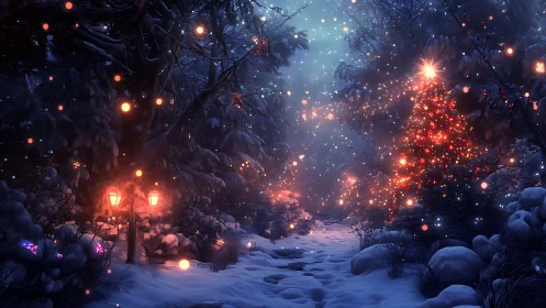 Snowy forest Christmas path glowing with gentle holiday lights.