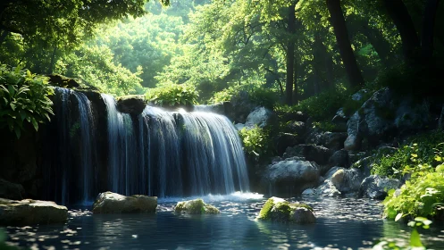 Soft forest waterfall hums where sunlight braids through leaves