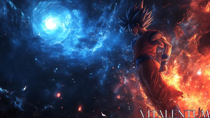 Cosmic warrior drifts between searing fire and frozen void