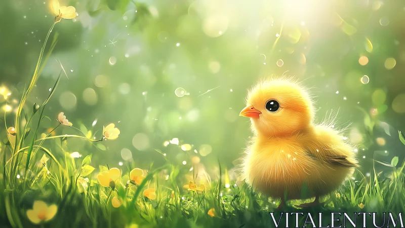Soft spring sunlight bathes a fluffy baby chick in bloom