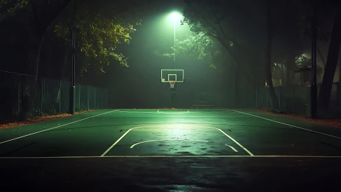Outdoor basketball court under foggy night lighting.