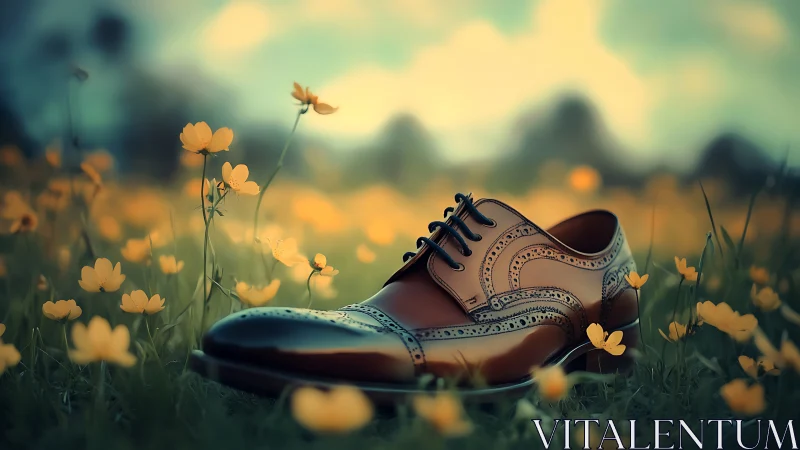 Dapper leather brogue daydreaming in a buttercup meadow.