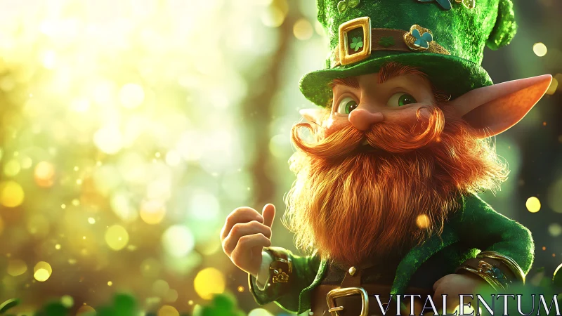 Vibrant 3D leprechaun portrait under luminous golden bokeh light