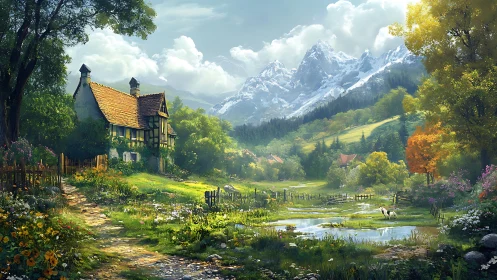 Cottage landscape with mountains, meadow stream and flowers.