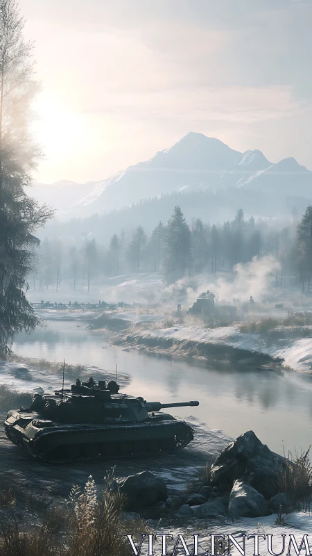 Snowbound battle tanks hold frozen river crossing at dawn