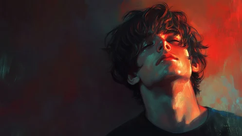 Male portrait depicts tilted head in strong red side lighting