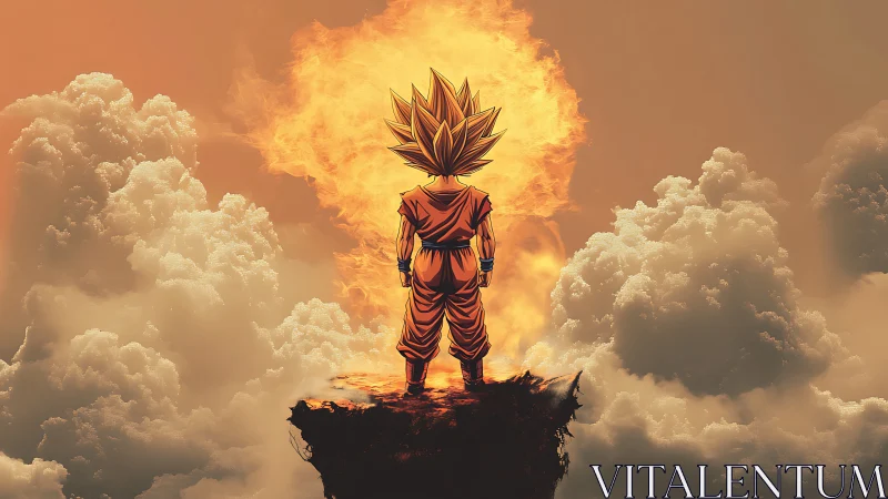 Spiky haired warrior stands on cliff amid blazing aura