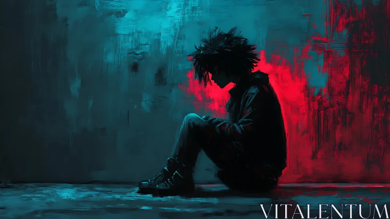 Solitary figure in neon red and teal abstract room.