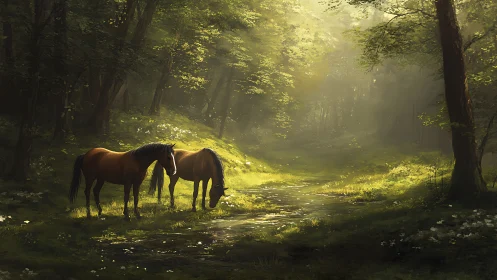 Sunlit forest clearing cradles two horses in quiet harmony