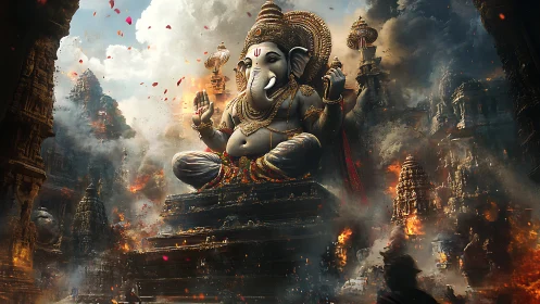 Monumental Ganesha idol amid burning temple complex and turbulent smoke