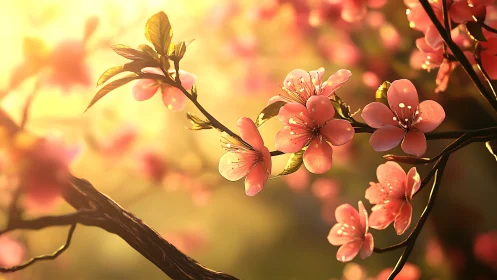 Sunlit cherry blossoms glow softly in warm golden air.