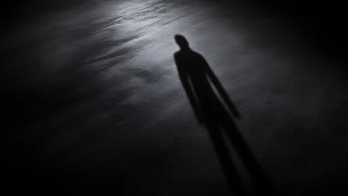 Human silhouette shadow on dark textured ground surface.
