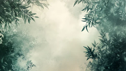 Verdant canopy framing luminous misted forest void.