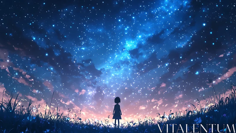 Silhouette child under radiant starfield at dusk horizon