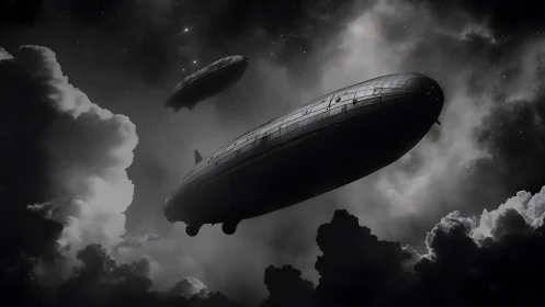 Midnight zeppelins drift through storm-torn cosmic clouds.