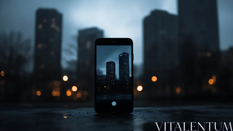 Smartphone framing city skyline at dusk with bokeh lights