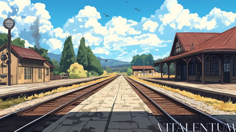 Linear perspective study of rural railway platforms under cumulus sky.
