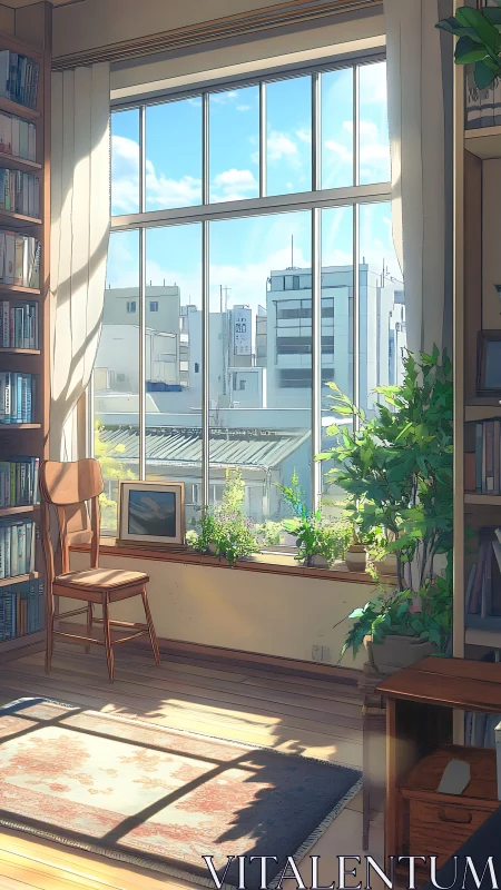 Sunlit city window cradling books, green leaves, and quiet air.