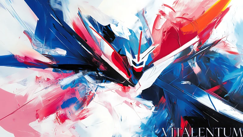 Abstract mech figure in dynamic red, blue, and white fields.