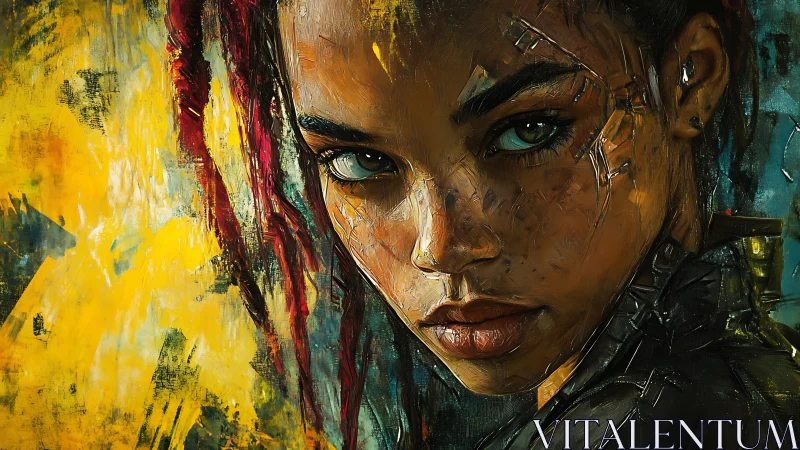 Cybernetic portrait of woman against abstract yellow field.