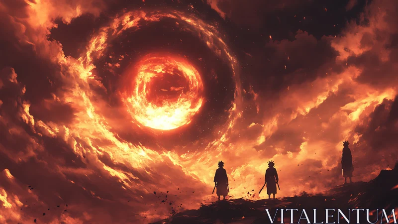 Silhouetted warriors under swirling fiery sky vortex.