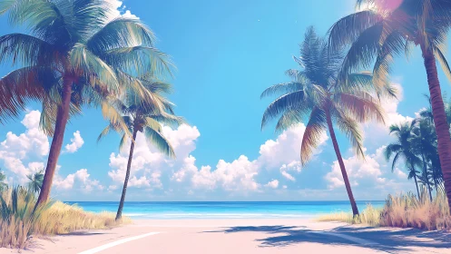 Tropical Paradise Coastal View with Palm Trees and Serene Ocean.