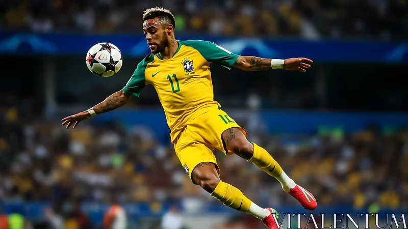 Dynamic midair football control by Brazilian forward in match.