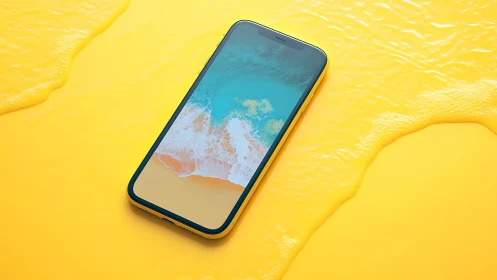 Modern smartphone on yellow liquid textured surface.