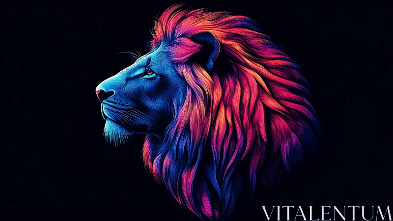 Neon-lit lion profile with luminous gradient mane artwork.
