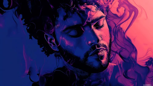 Contemplative portrait glows in neon smoke and deep contrast