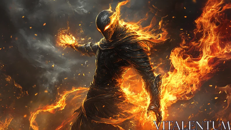 Fiery warrior strides through swirling embers and shadowed storm.