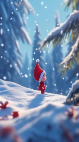 Tiny Christmas elf gazes at snowy forest in wonder.